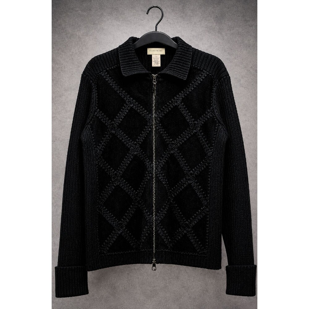 VTG LEATHER PATCHWORK ZIP SWEATER L STUDIO WORKS Y2K GRUNGE